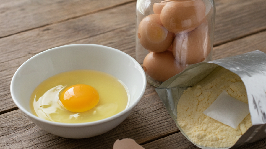 Comparison of a freshly cracked preserved egg, oil-coated stored eggs, and freeze-dried egg powder in a mylar bag