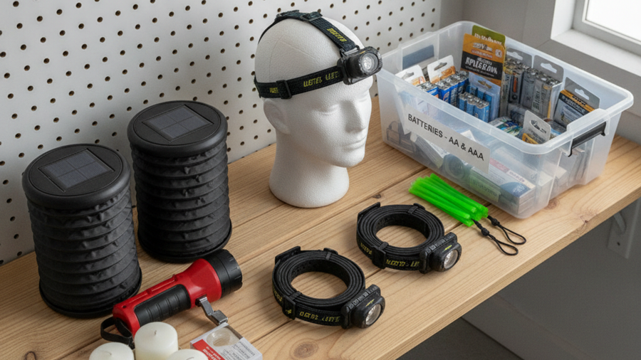 Organized shelf of emergency lighting gear including headlamps, solar lanterns, batteries, and candles