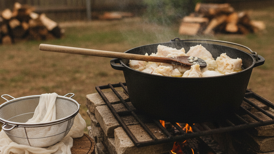 Animal fat rendering into golden tallow in a cast iron pot over a wood fire for soap making