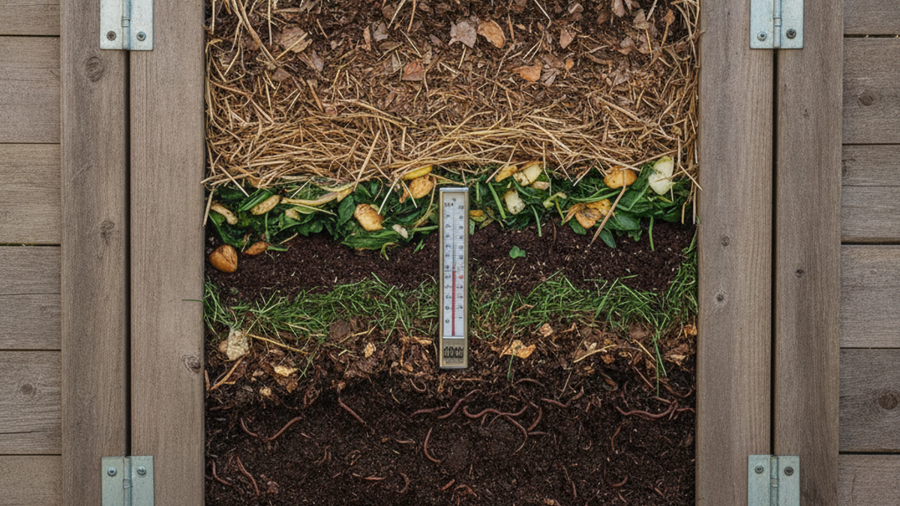 Three-bin wooden compost system with visible layers of browns and greens and a compost thermometer in the pile