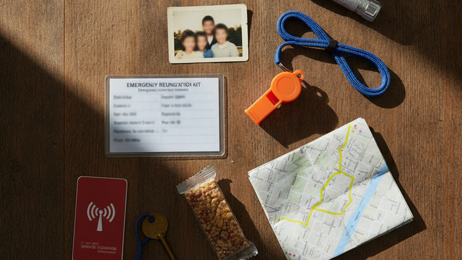 Laminated emergency contact card, whistle, map, flashlight and snack laid out as a child's school reunification kit
