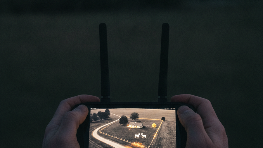 Drone controller screen showing thermal aerial view of a property perimeter with heat signatures at dusk