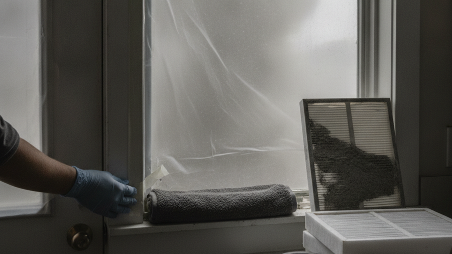 Window sealed with plastic sheeting and tape beside a volcanic ash-clogged furnace filter and N95 masks