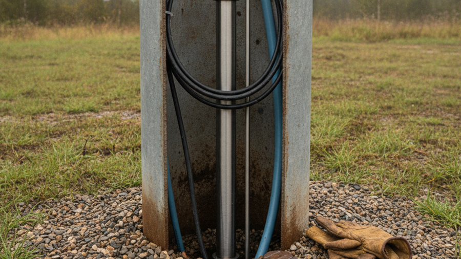 Open well casing showing a hand pump drop pipe installed alongside an existing electric submersible pump line