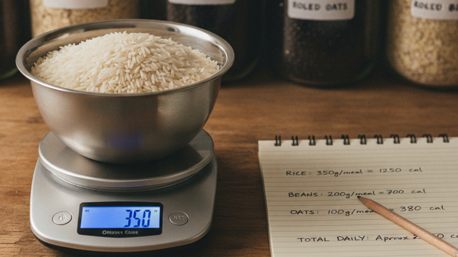 Digital kitchen scale weighing a measured portion of dry rice next to a handwritten ration log and jars of beans