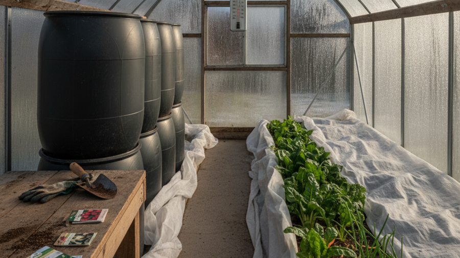 Interior of a backyard greenhouse with black water barrels for thermal mass and winter greens growing in beds