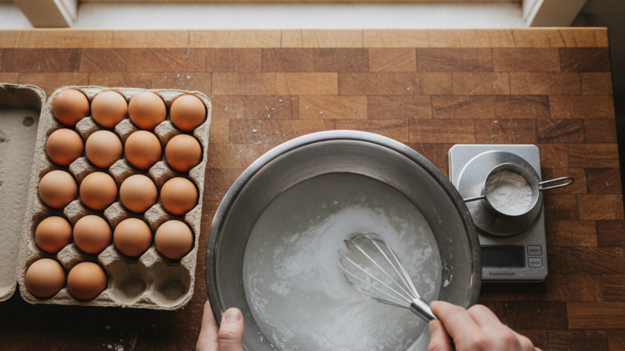 Hands mixing pickling lime into water in a metal bowl next to unwashed brown eggs on a kitchen counter