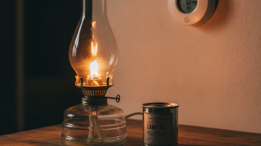 Kerosene hurricane lamp burning on a kitchen table beside lamp oil and wick trimming scissors