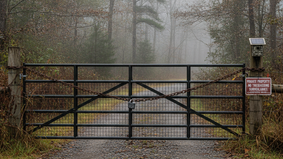 Locked steel gate and solar trail camera securing the gravel driveway entrance of a rural survival retreat