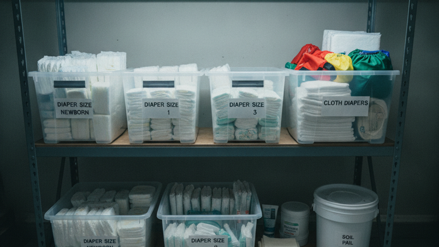 Labeled storage bins of disposable and cloth diapers, wipes, and ointment organized by size on a garage shelf