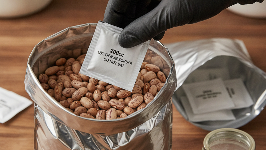 Hand placing a 2000cc oxygen absorber packet into a Mylar bag filled with dried pinto beans