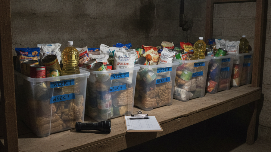 Basement pantry shelves with plastic bins labeled by week holding rationed canned goods, pasta, and cooking oil