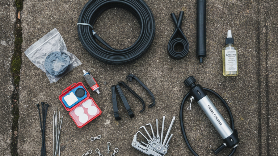 Bicycle field repair kit with spare tubes, patch kit, mini pump, chain tool and multi-tool laid out on concrete