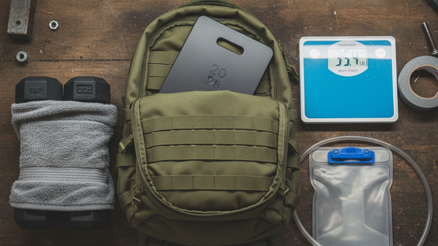 Backpack loaded with a ruck plate and towel-wrapped dumbbells next to a scale showing 35 pounds
