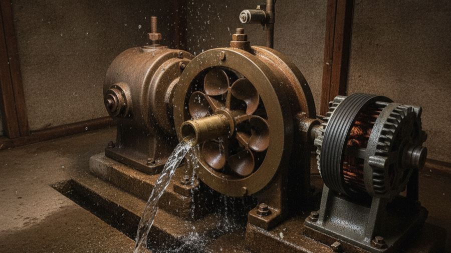 Pelton wheel turbine with water jet striking its buckets inside a micro-hydro powerhouse shed