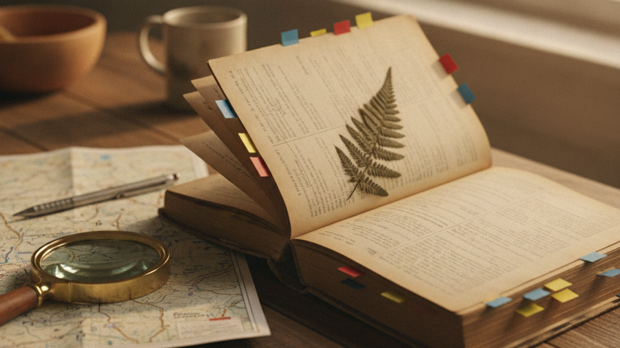 Annotated wild plant field guide open on a table with magnifying glass, pressed leaf, and topographic map