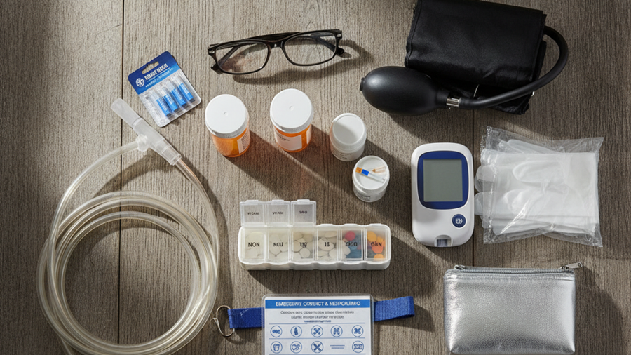 Flat-lay of a medical go-bag with pill organizer, oxygen tubing, glucose meter, spare glasses and laminated medical card