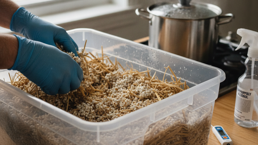 Gloved hands mixing white grain spawn into pasteurized straw substrate inside a plastic tote