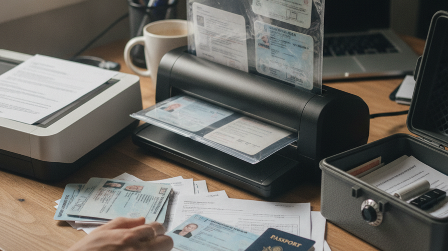 Hands sealing photocopies of ID cards and medical records in waterproof sleeves beside a fireproof lockbox