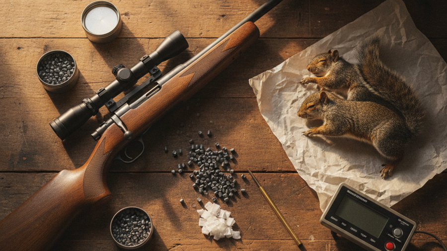 Air rifle broken open on a workbench beside tins of pellets, cleaning kit and harvested small game