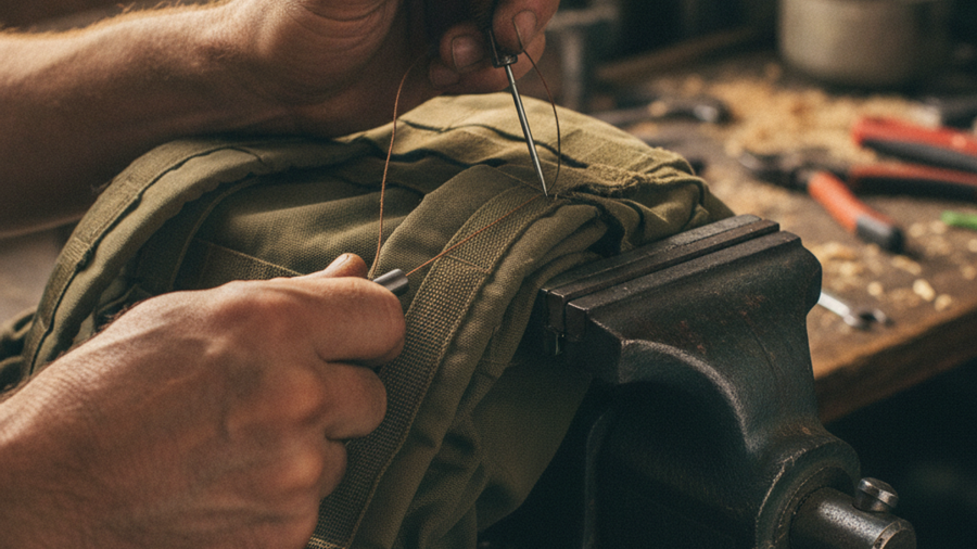 Hands using a sewing awl and waxed thread to stitch a torn backpack shoulder strap in a bench vise