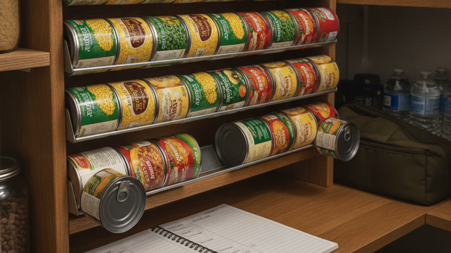 FIFO gravity can rotation rack in a pantry with an open handwritten inventory logbook below