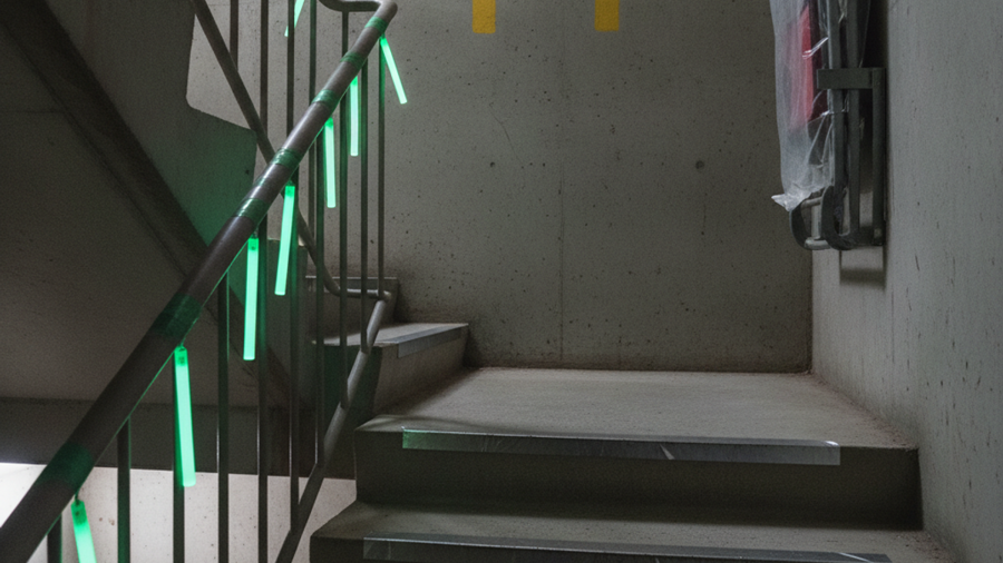 High-rise stairwell landing with glow sticks on the handrail, reflective stair-edge tape, and a wall-mounted evacuation stair chair