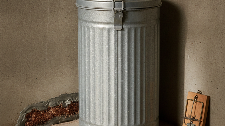 Pantry corner rodent-proofed with copper mesh in a baseboard gap, a sealed steel grain can, and a snap trap
