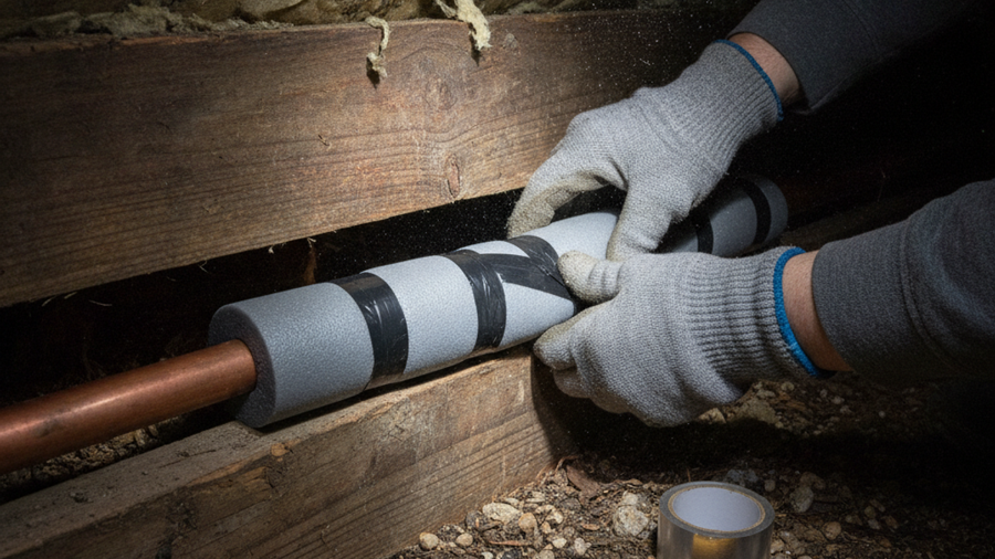 Gloved hands wrapping foam insulation and heat tape around an exposed water pipe in a crawlspace