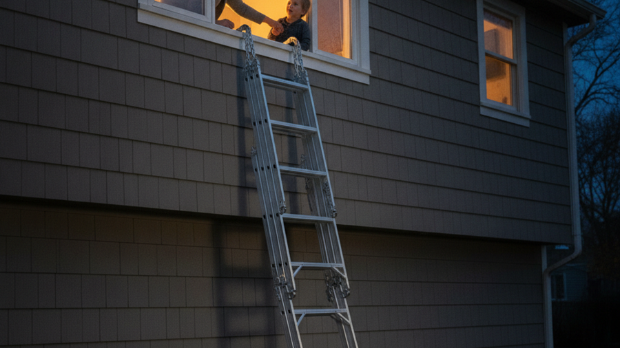 Emergency escape ladder hooked over a second-story bedroom window during a family fire drill