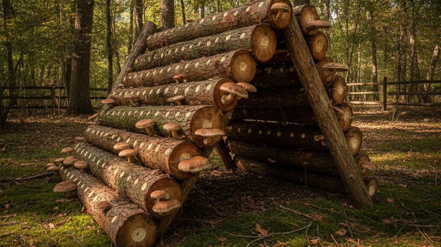 Inoculated oak logs with wax-sealed plug holes and shiitake mushrooms fruiting in a shaded backyard