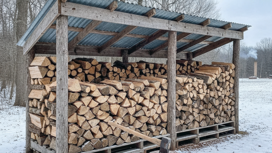Split firewood stacked on pallets under an open woodshed with a splitting maul in a chopping block