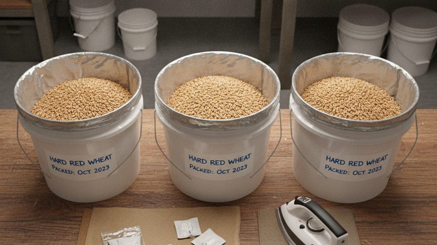 Five-gallon buckets lined with Mylar bags filled with wheat berries, oxygen absorbers and labels ready for sealing