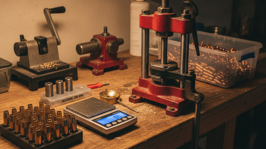Single-stage reloading press on a workbench with brass cases, powder scale, and reloading dies