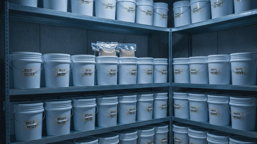 Basement shelves of labeled food-grade buckets with sealed Mylar bags visible inside one open bucket