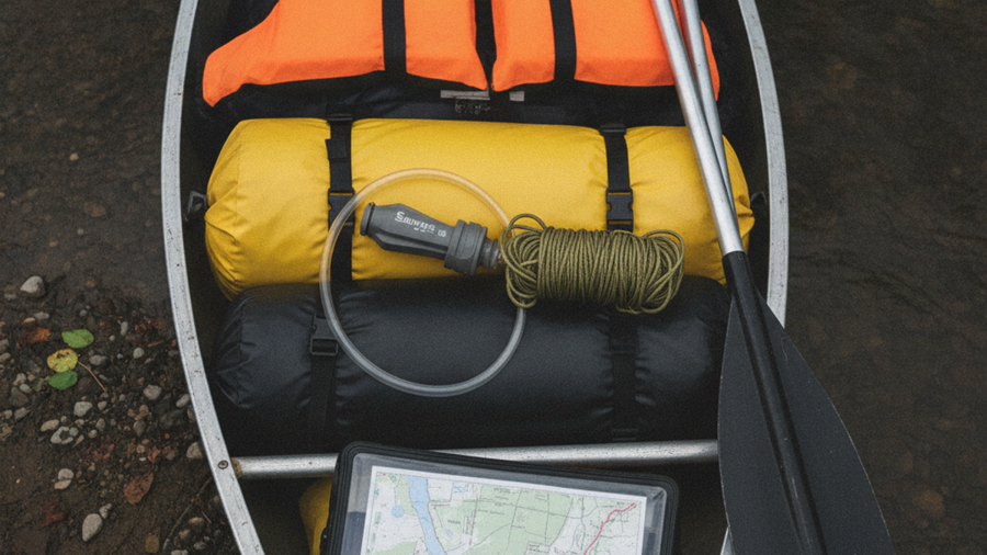 Canoe packed with roll-top dry bags, map case, and paddle lashed down with straps for evacuation