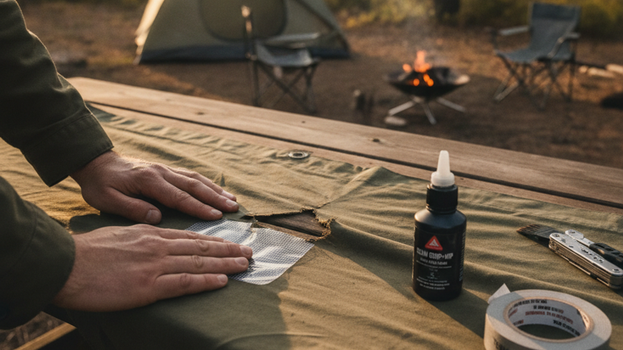 Person pressing an adhesive ripstop patch over a tear in a green tarp with seam sealer and repair tape nearby