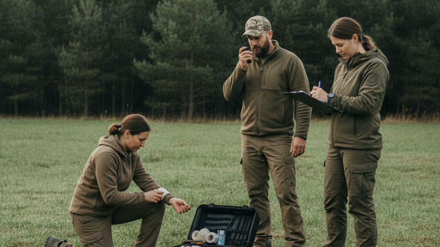 Four preppers practicing a timed first aid and radio communication drill in a field during group training