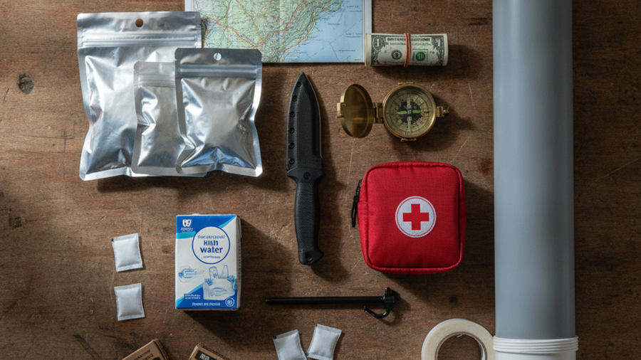 Survival cache contents laid out on a workbench beside an open PVC cache tube and desiccant packets