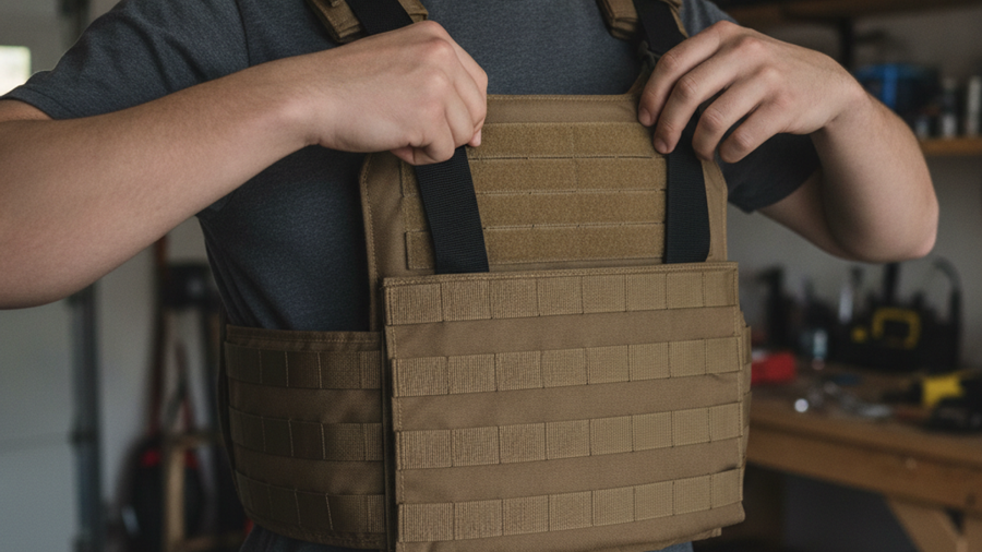 Person adjusting shoulder straps on a plate carrier to set correct front plate height on the chest