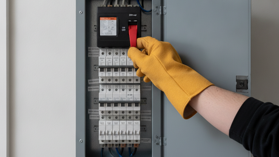 Gloved hand reaching for the 200-amp main breaker inside an open labeled residential electrical panel