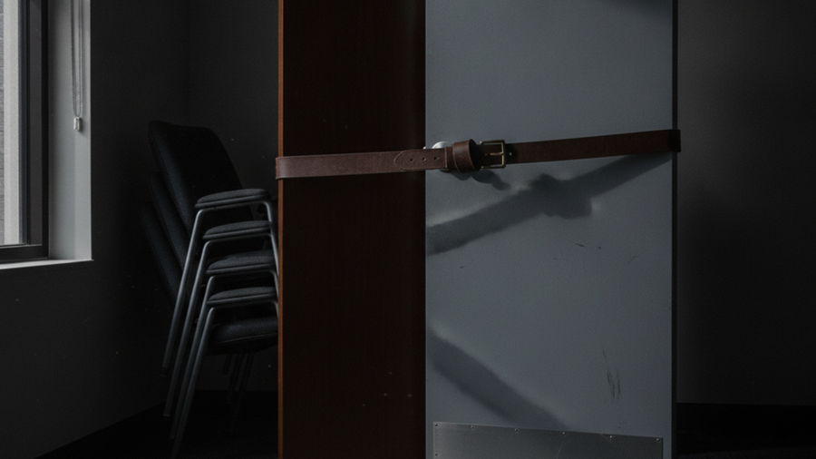Office door barricaded with an overturned table, stacked chairs, and a belt cinched around the door closer arm