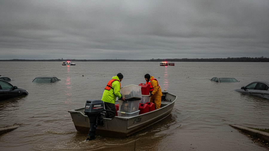 Aluminum jon boat at a flooded boat ramp being loaded with supply totes and fuel cans during an evacuation