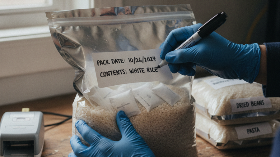 Hands labeling a sealed mylar bag of rice with packing date beside oxygen absorbers and a label maker