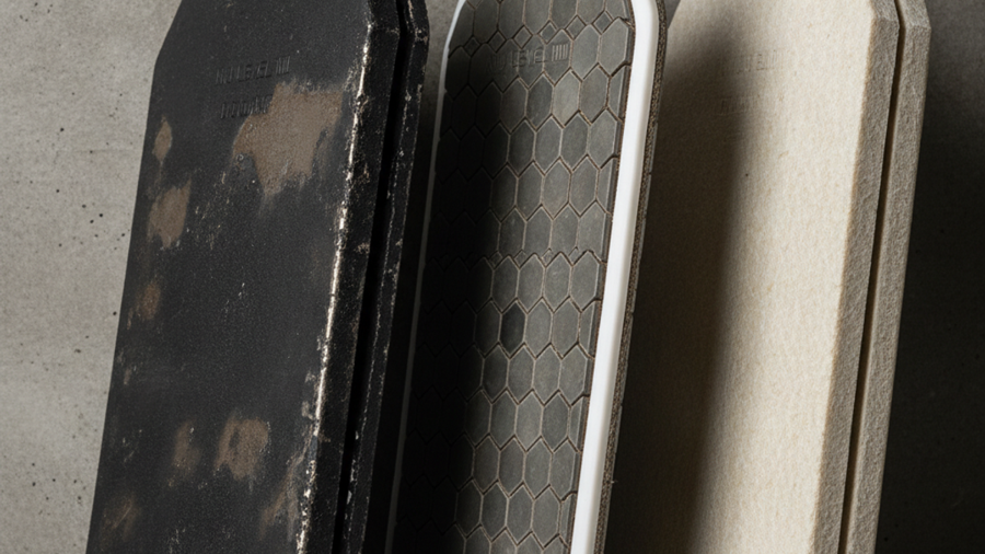 Steel, ceramic, and polyethylene ballistic armor plates standing side by side showing thickness differences
