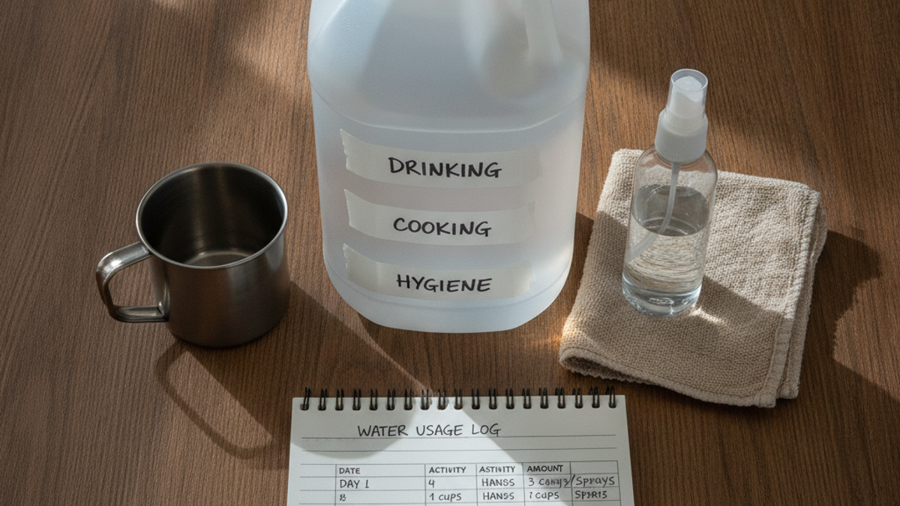 One-gallon water jug marked with ration lines beside a cup, spray bottle, washcloth, and usage log