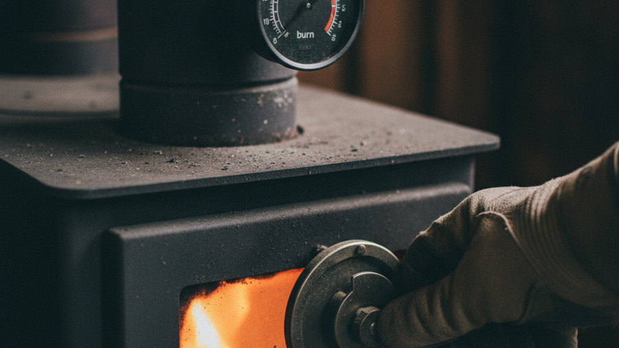 Magnetic stovepipe thermometer on a wood stove flue with a gloved hand adjusting the air intake damper