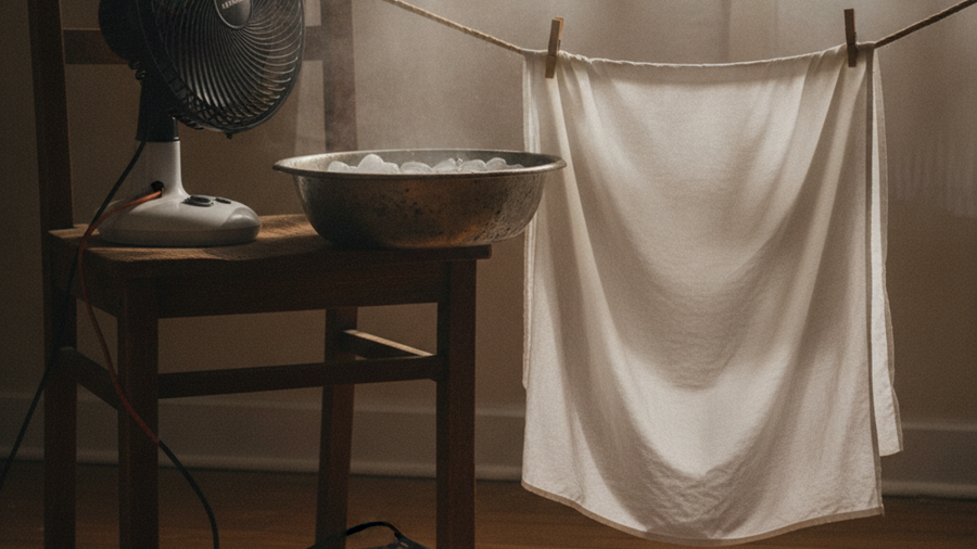 Battery-powered fan blowing over a basin of ice water and a wet hanging sheet to cool a room without electricity