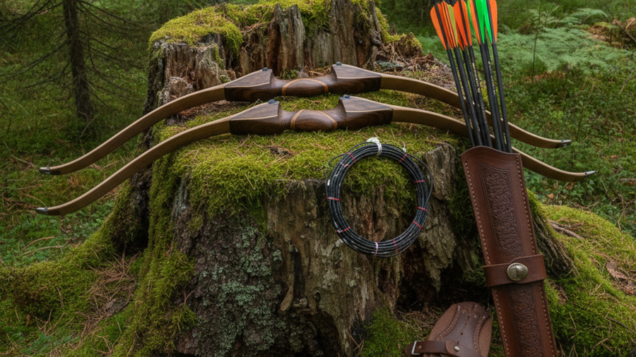Takedown recurve bow disassembled on a stump with arrows, blunt small-game tips, armguard and finger tab