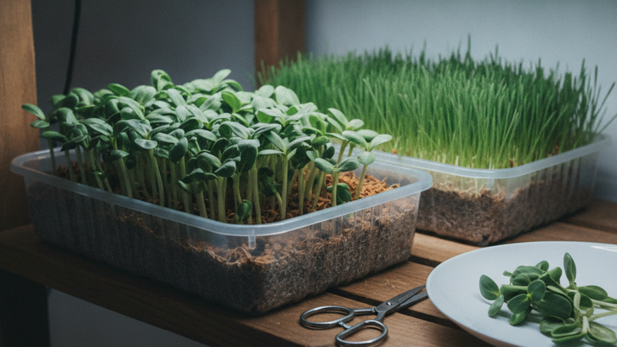 Trays of sunflower shoots and wheatgrass microgreens growing under an LED strip light with scissors mid-harvest